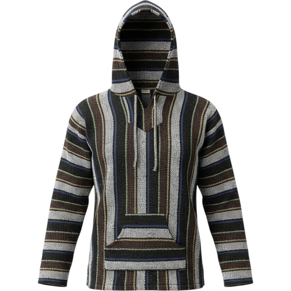 Vintage Baja Hoodie Mexican Poncho Woven Pullover Striped Festival Shirt Black